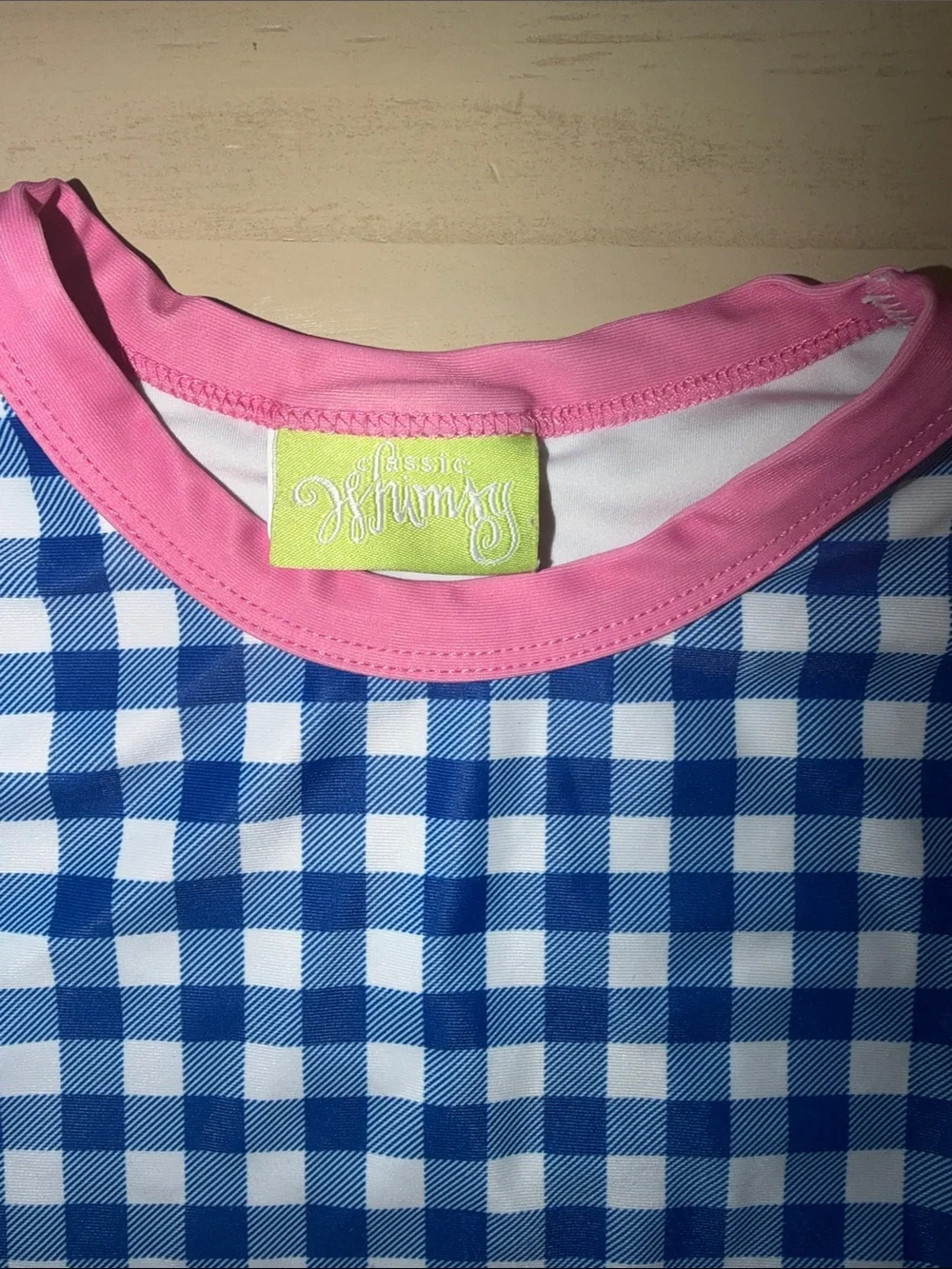 Blue Gingham Long-Sleeve Rash Guard Set with Pink Trim - Kids Swim